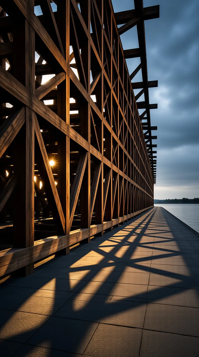 Massive timber framework beside a river casting intricate geometric patterns on the walkway during sunset.