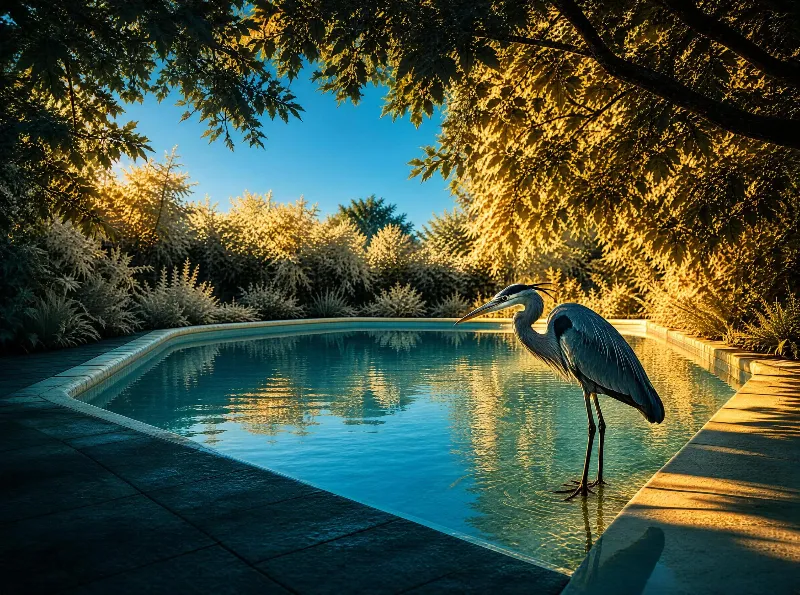 A great blue heron stands in a backyard pool bathed in warm golden light from surrounding trees.