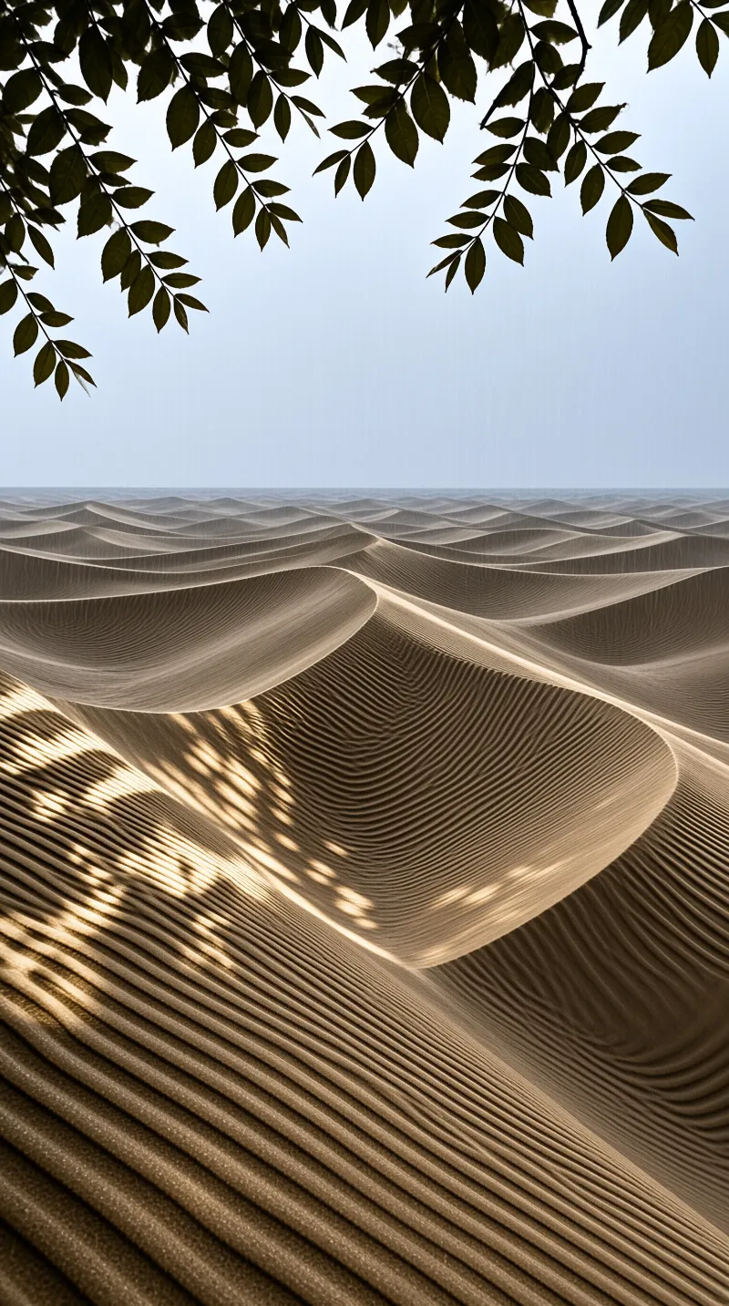 Fine ridges of pale sand curve toward the horizon while dappled shade falls across the foreground.