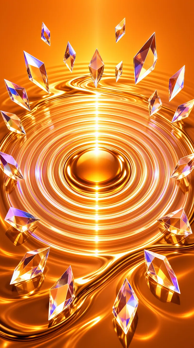 Sharp translucent crystals float above a rippling pool of liquid gold in a warm monochrome of amber