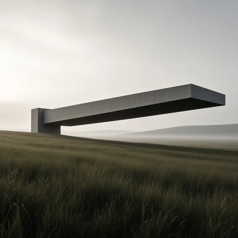 A long grey concrete beam extends over a grassy field under an overcast sky with misty hills in the background.