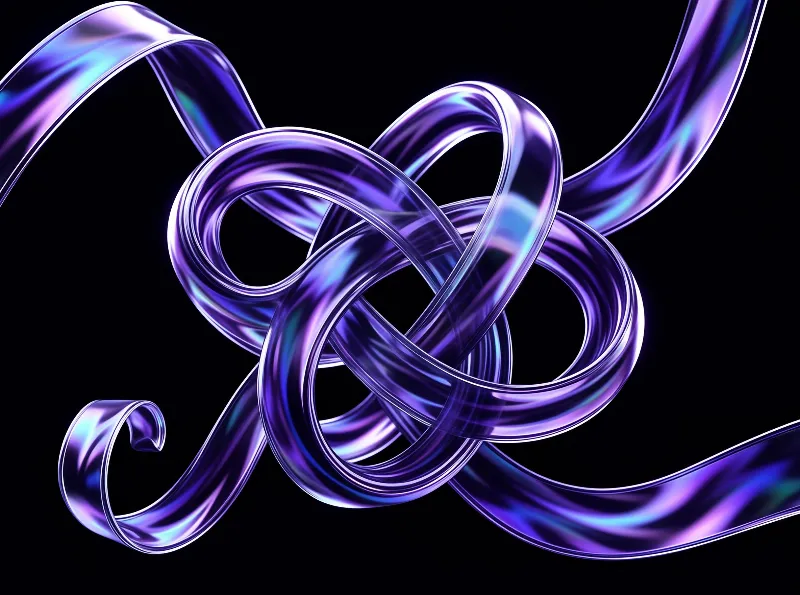 Shiny purple and blue ribbons loop together forming complex knots against a solid black background with bright highlights.