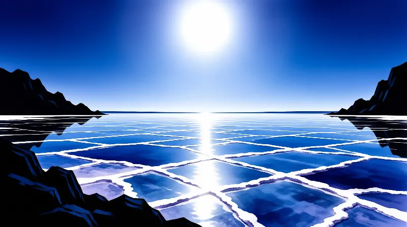 A surreal blue landscape features a cracked salt flat reflecting a brilliant sun, bordered by dark rocky silhouettes.