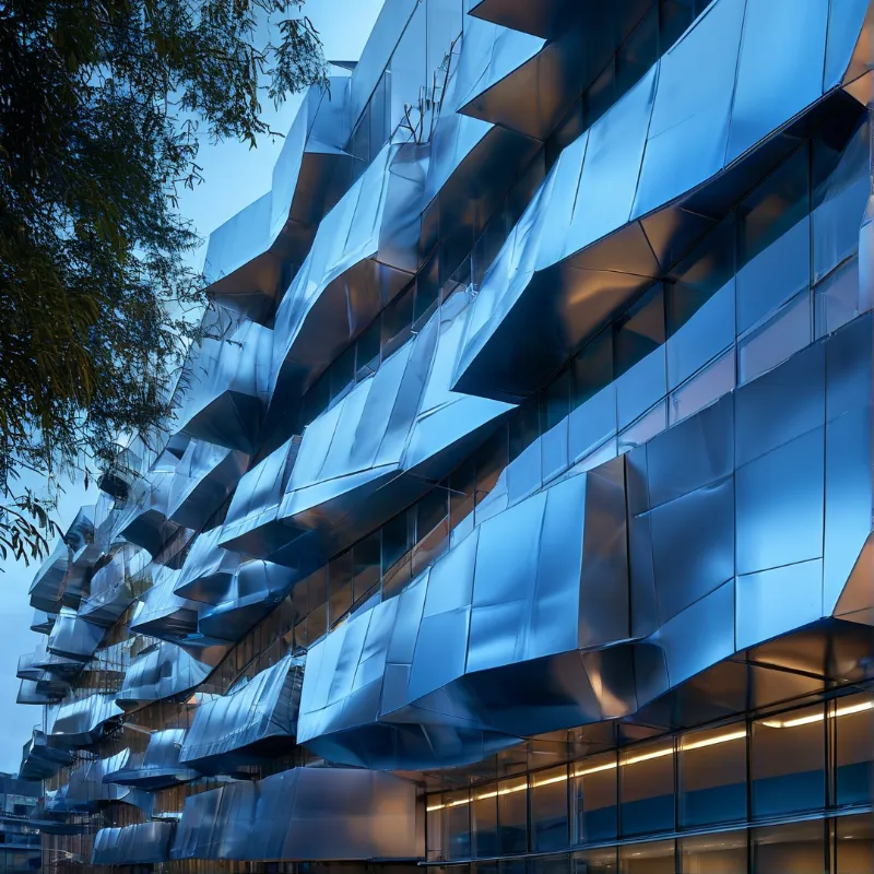 A building wrapped in crinkled angular metal cladding stands at dusk, its lower glass walls glow warm against the cool blue facade.