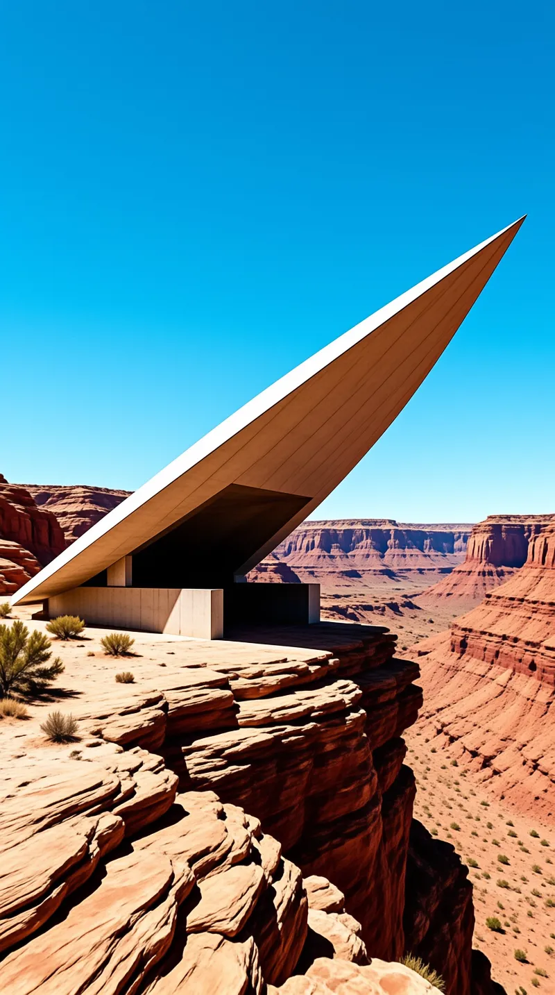 A sharply pointed concrete pavilion perches on a red-rock cliff, its slanted roof reaching toward a clear blue sky.