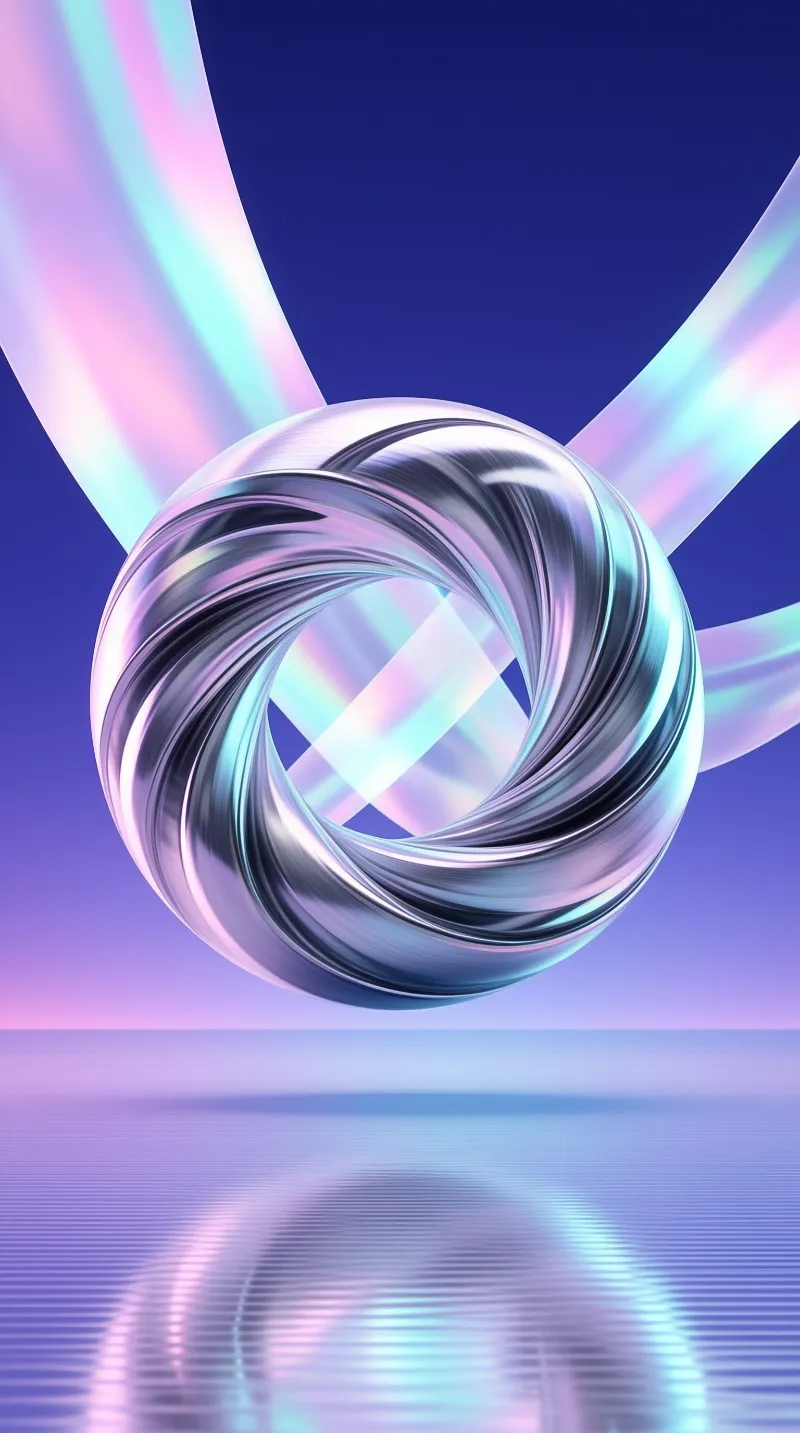 A polished metallic torus knot reflects pastel rainbow light while ribbons curve across a violet gradient.