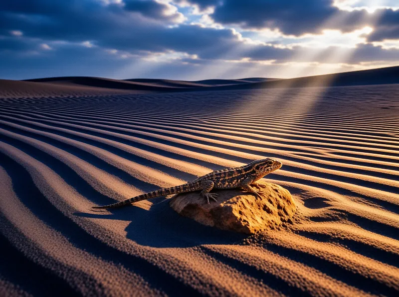 A patterned reptile rests on a small stone amid rippled sand as sun beams slant down from a heavy cloud at dusk.