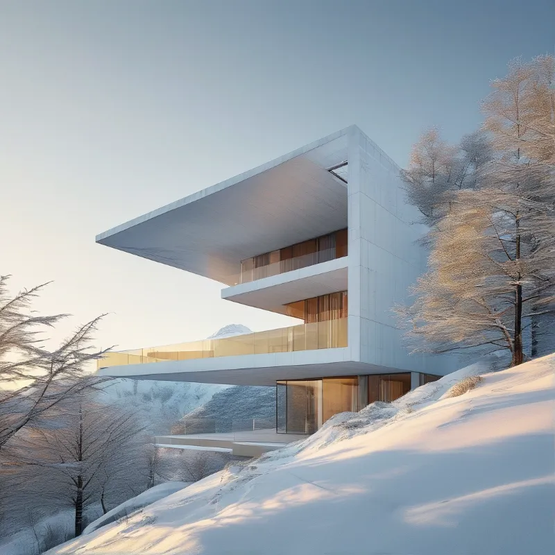 White architecture with deep overhangs rests on a snowy mountain slope glowing under soft golden light beside frosted trees.
