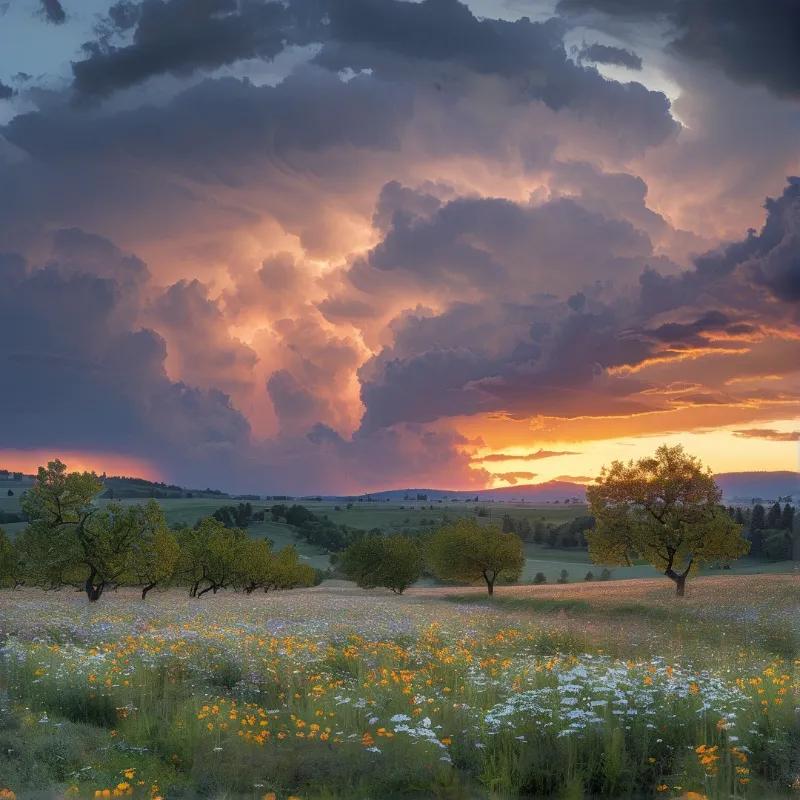 Scattered orchard trees stand in a field of orange and white blooms beneath towering clouds lit from behind