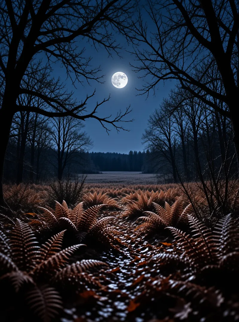 A bright full moon hangs high in a deep blue night sky above dried ferns and silhouetted bare trees.