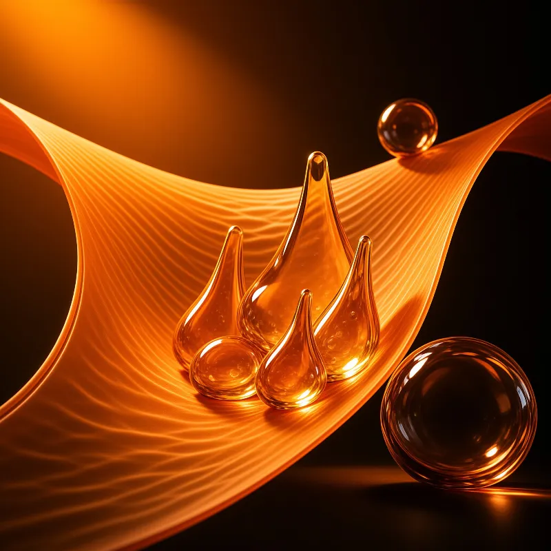 Glossy golden teardrops and spheres rest upon a rippling amber ribbon bathed in warm dramatic lighting.