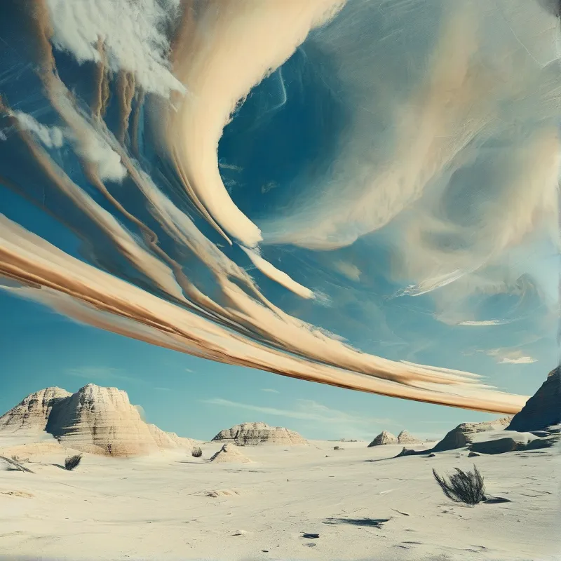 Swirling masses of dust hang in the blue sky above a landscape of white sand and layered rock formations.