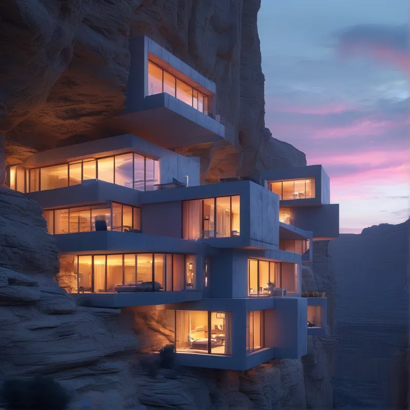 A tiered white residence built into a rocky cliffside glows with warm interior lighting against a pink and blue twilight sky