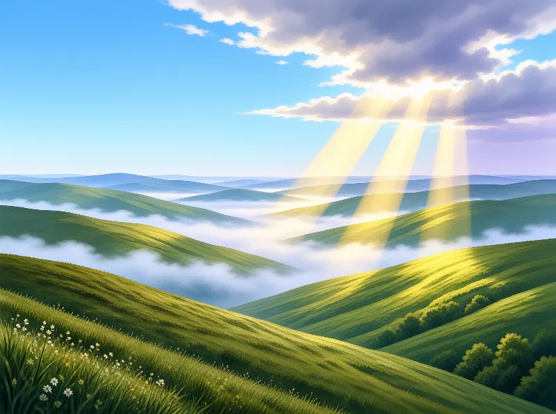 Grassy rolling hills stretch across a misty valley while bright golden sunbeams shine down through the clouds above.