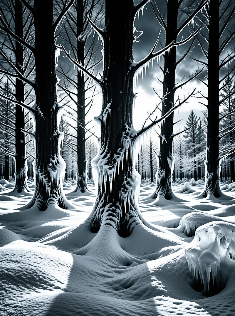 Tall dark trees stand in a snowy forest with icicles hanging from branches and thick snow covering the ground.
