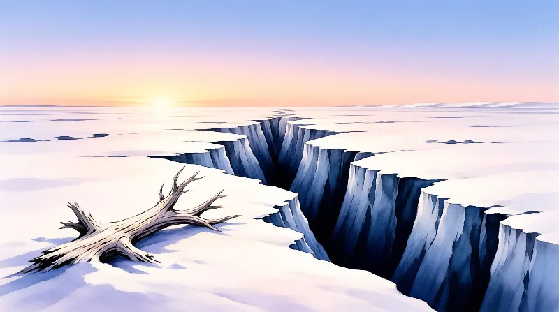 A deep crack splits the white snow while a bleached log rests nearby under a colorful horizon.