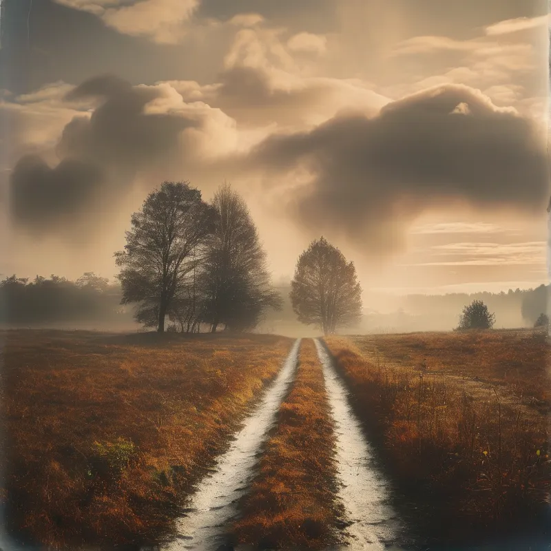 A muddy rural path cuts through golden grasslands under a cloudy sky at sunrise, flanked by tall trees.