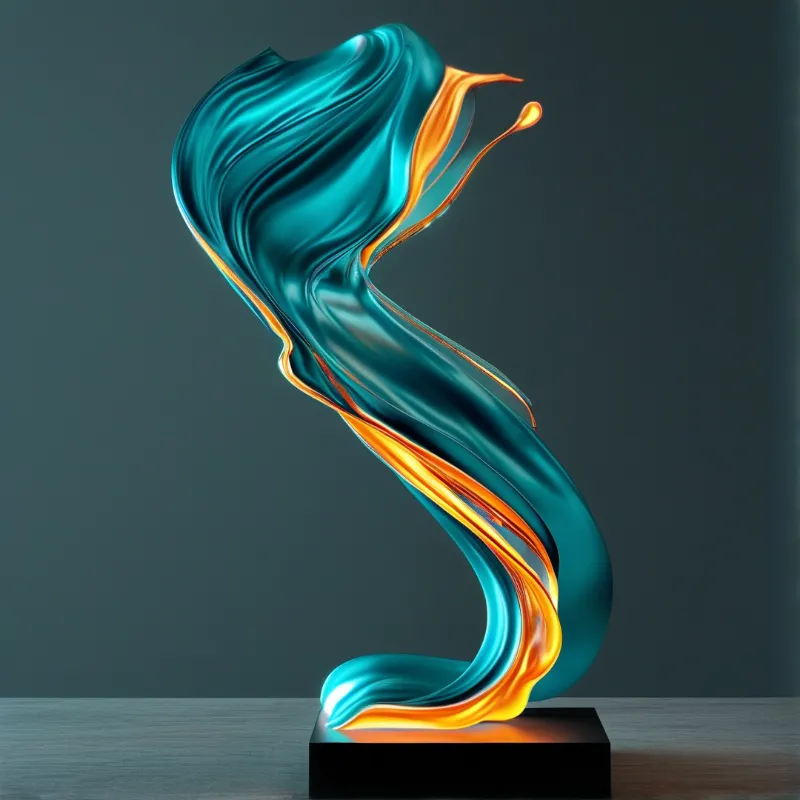Abstract liquid form curves upward with teal and orange metallic surfaces catching dramatic light against dark backdrop