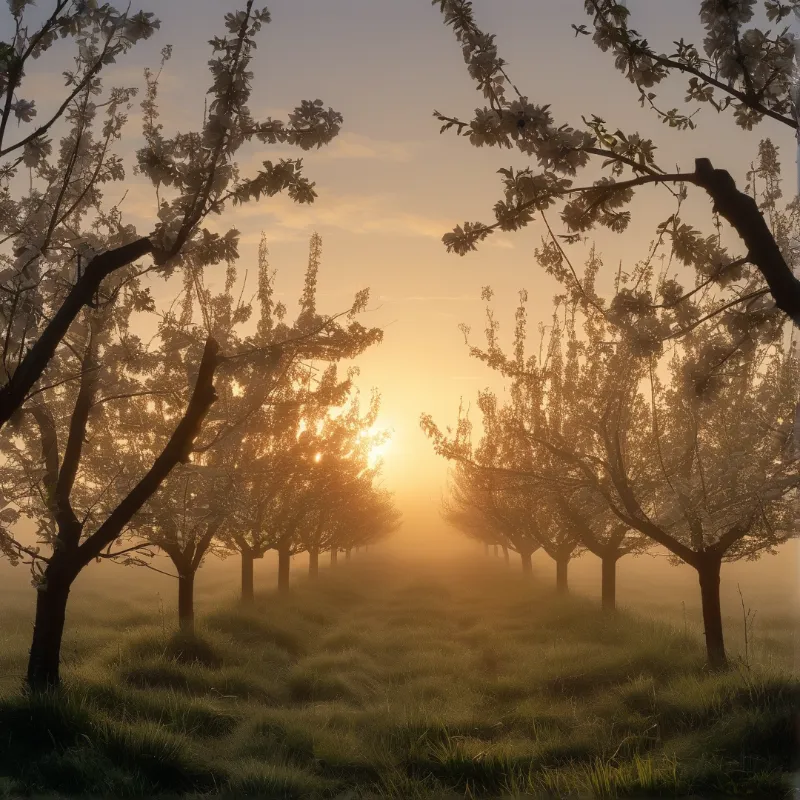 Foggy Blossoming Orchard