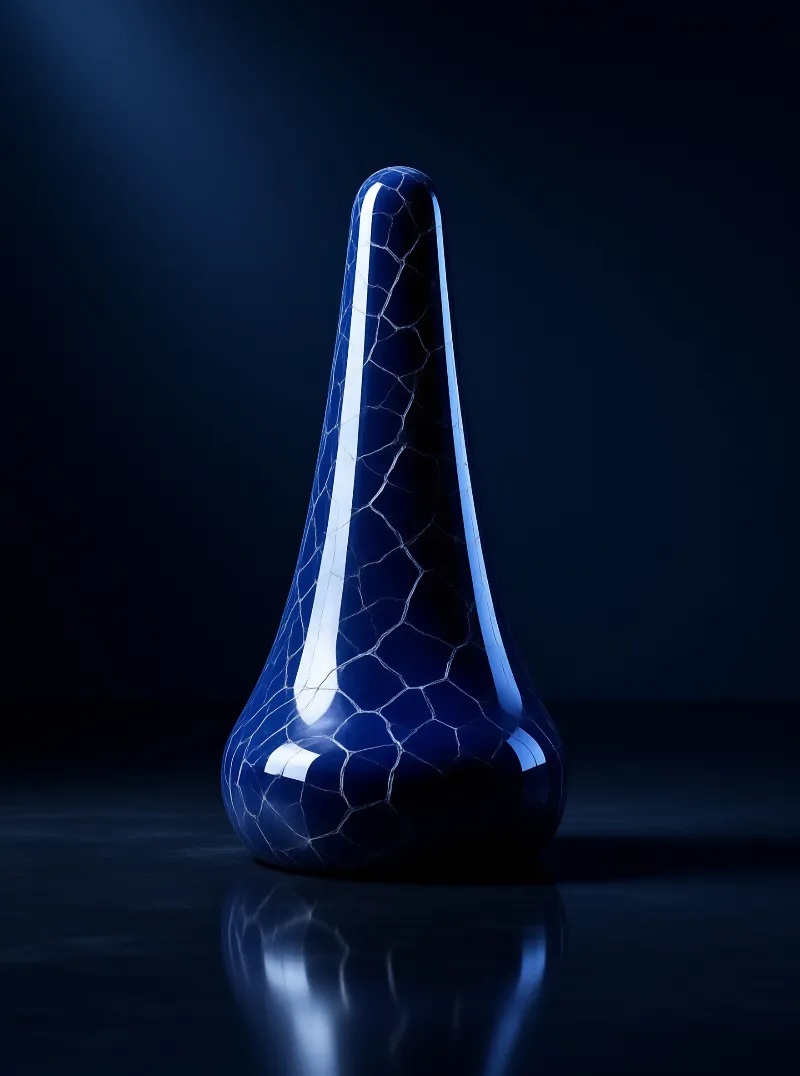 A tall glossy blue vase with a cracked pattern sits on a dark reflective surface under studio lighting