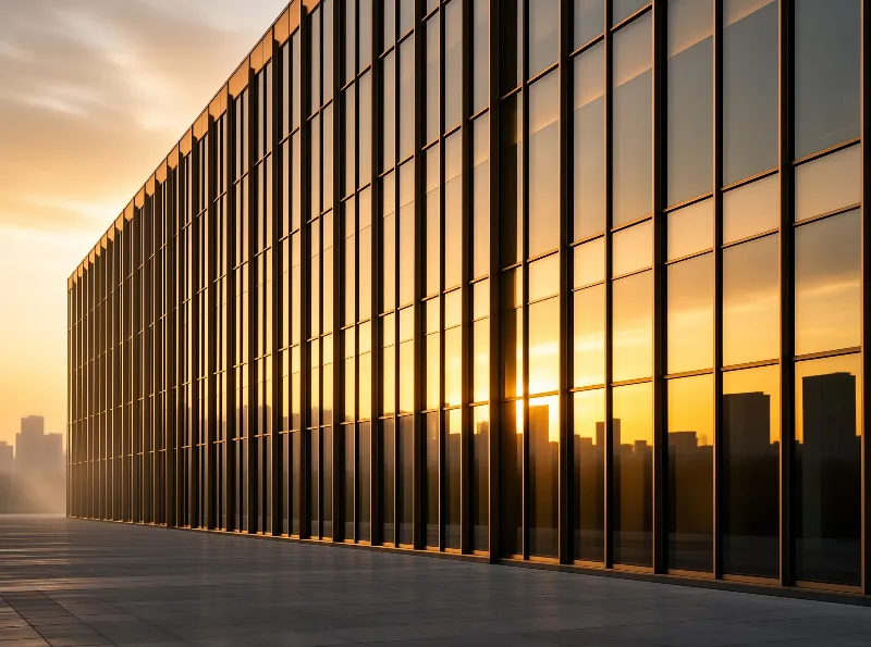 Vertical glass panels of a building reflect a warm golden sunset sky and distant city silhouettes