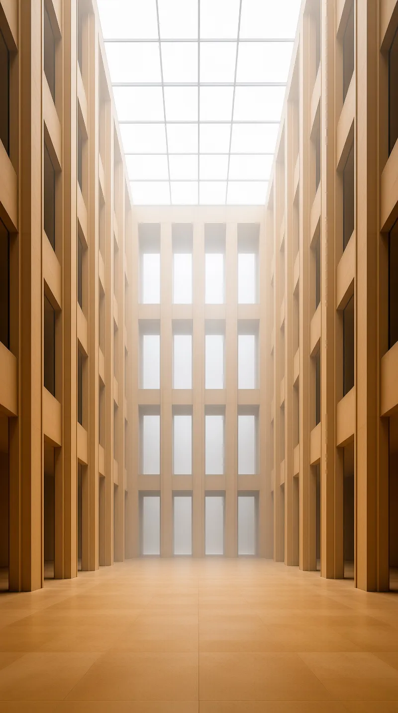 Symmetrical hall interior with tall beige columns, arched side recesses, and a bright grid skylight above.