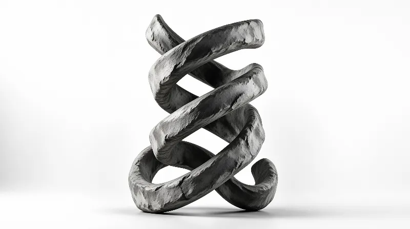 A monochromatic twisted ribbon sculpture with rough stone texture is centered on a seamless white background with soft shadowing.