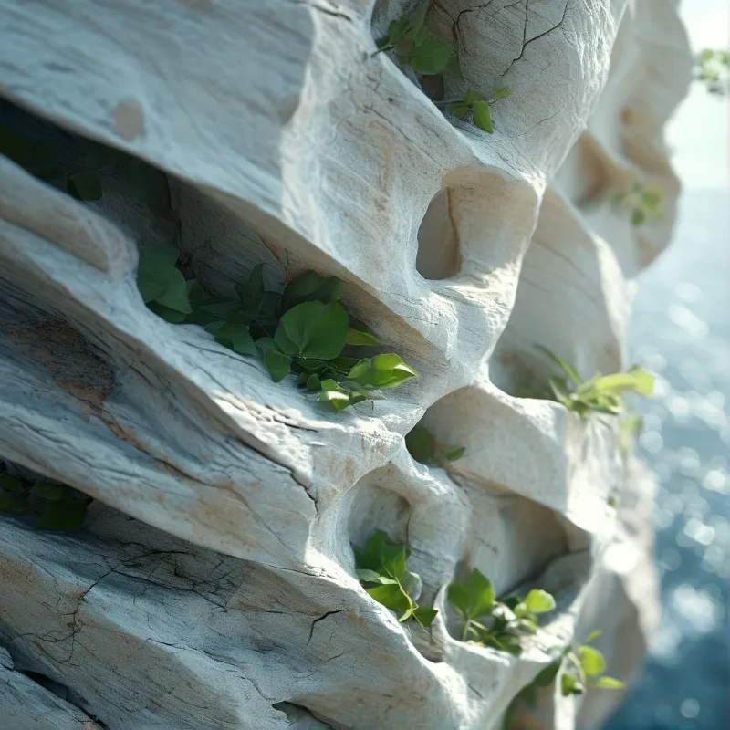 Sunlight rakes across sculpted rock hollows where small green plants take hold, with the sea glittering out of focus.