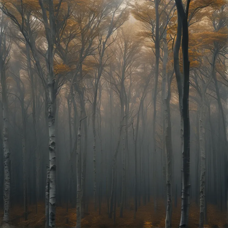 A misty forest scene featuring tall slender tree trunks rising towards a canopy of golden autumn leaves in soft light.