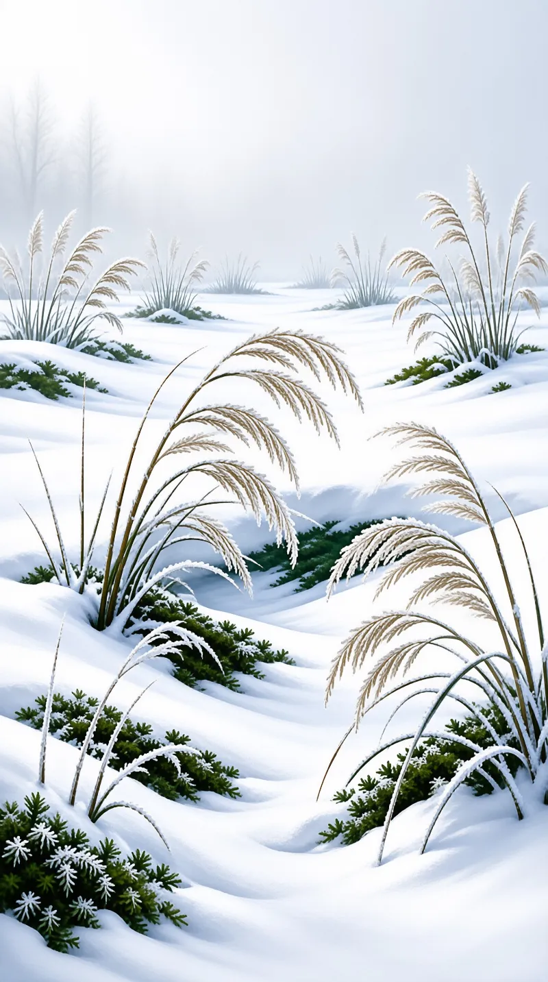 Frost covered reeds curve over a snowy meadow dotted with dark green plants in soft winter light.