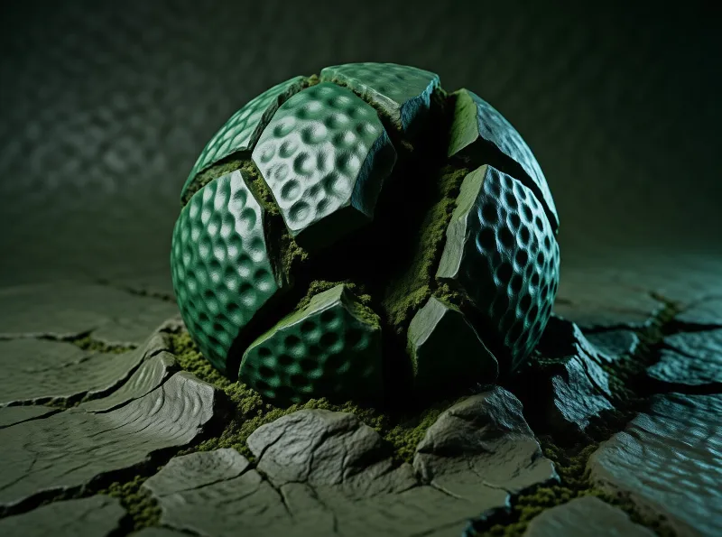 A broken green sphere with dimples lies on fractured soil under moody lighting.