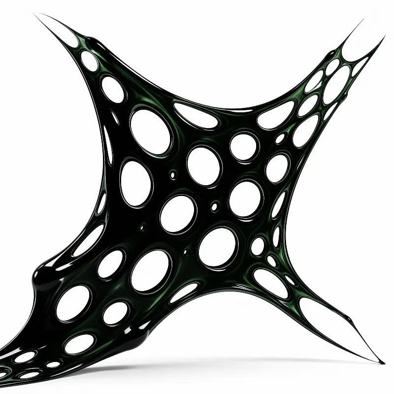 A glossy dark green abstract sculpture with circular openings sits on a white background.