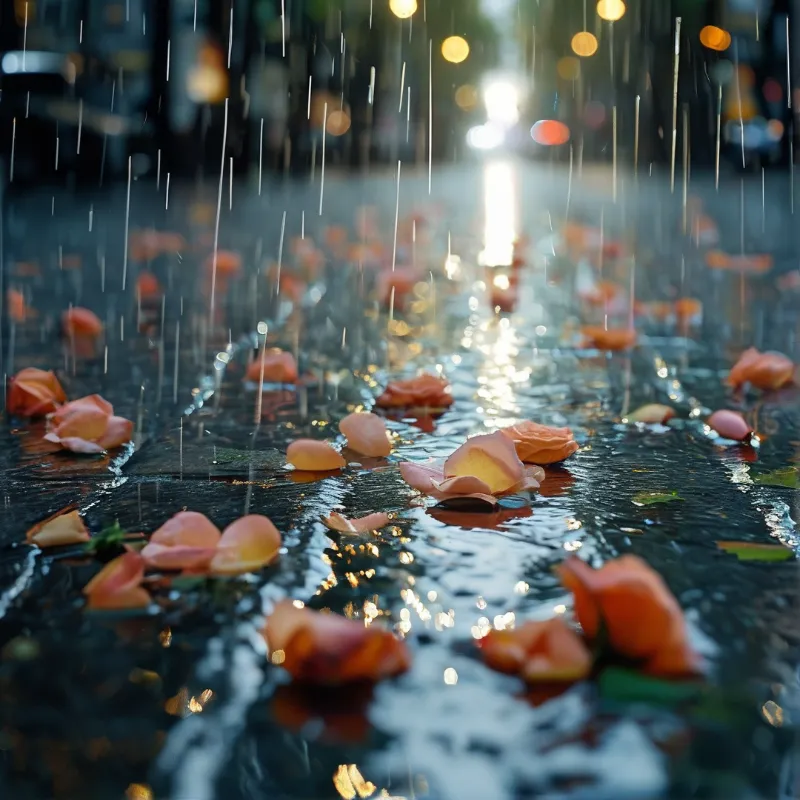 Scattered peach rose petals rest on a slick dark pathway reflecting warm city lights during a downpour