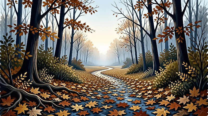 A shallow leaf strewn stream curves through tall dark birch trees scattered with orange foliage at pale cool dawn