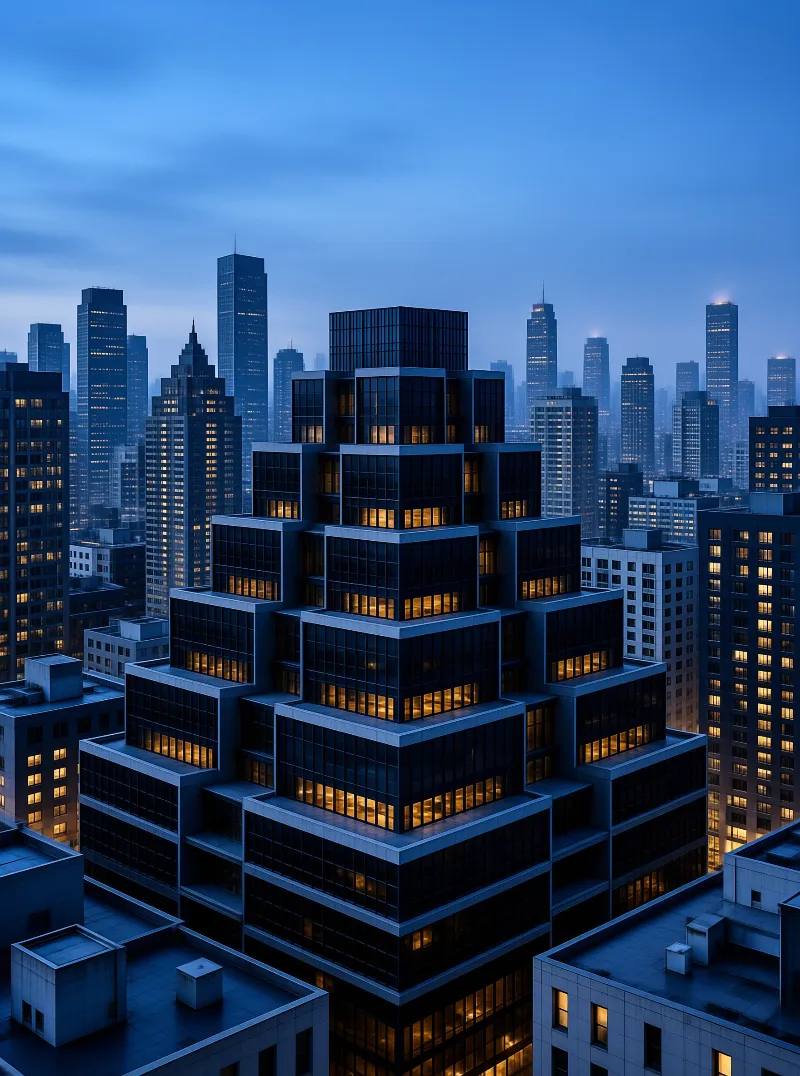 A uniquely tiered glass skyscraper rises above surrounding office buildings, warm interior lights glowing against the cool deep blue of the dusk skyline.