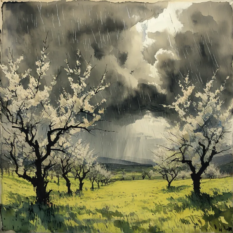 An ink-wash painting shows white-blossomed trees dotting a bright green meadow beneath a rain-streaked charcoal sky.