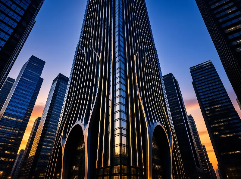 A tall glass building with vertical lines and arched bases stands among other skyscrapers during a colorful sunset.
