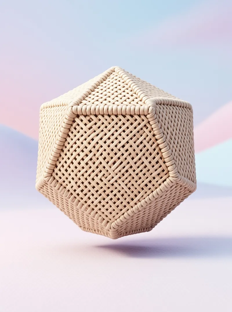 A light beige woven cube hovers against a soft pink and blue pastel backdrop with a faint shadow cast below.