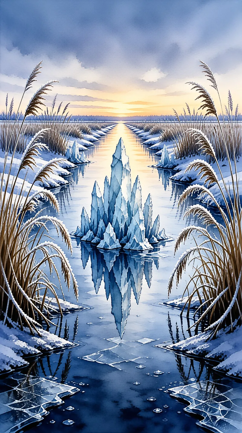 Sharp blue ice formations rise from a frozen channel surrounded by snow-covered reeds under a soft golden horizon.