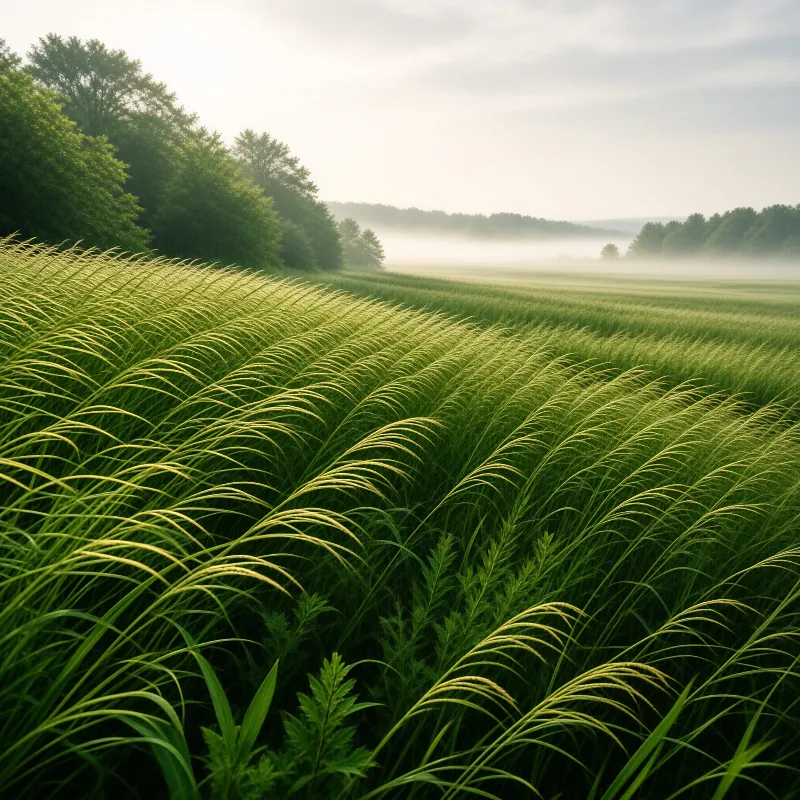 Waves of bright green seedhead grass bend in unison across a field edged by fog and a soft summer forest
