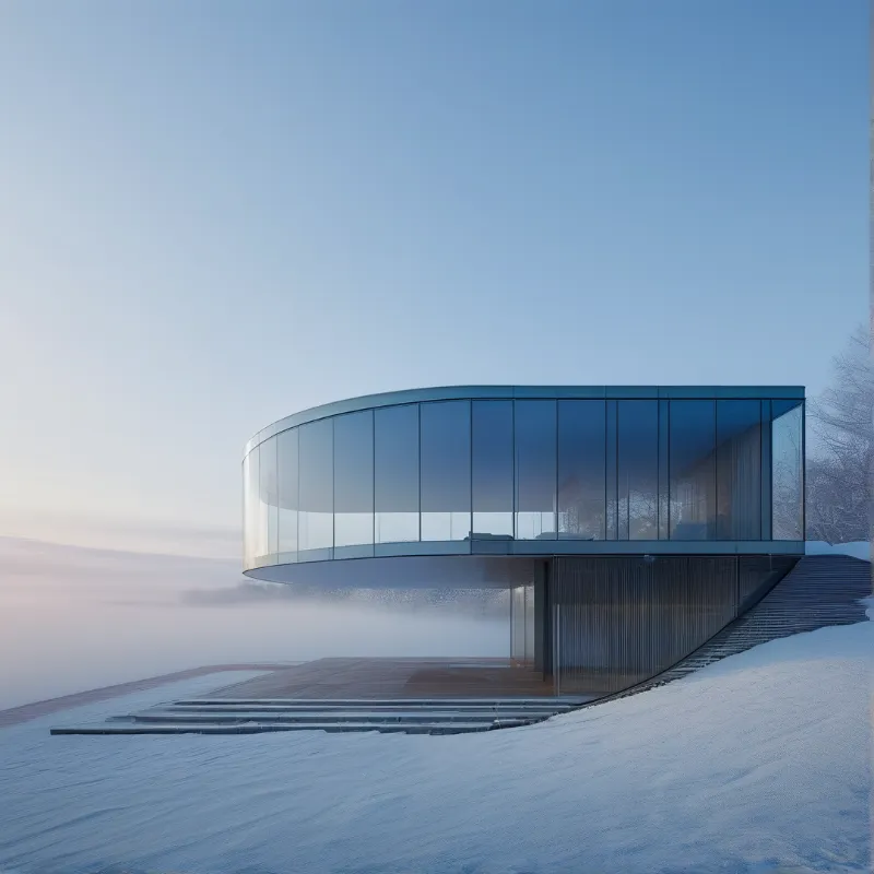 A sleek cylindrical glass structure stands elevated above a snow covered slope with low fog drifting near its base.