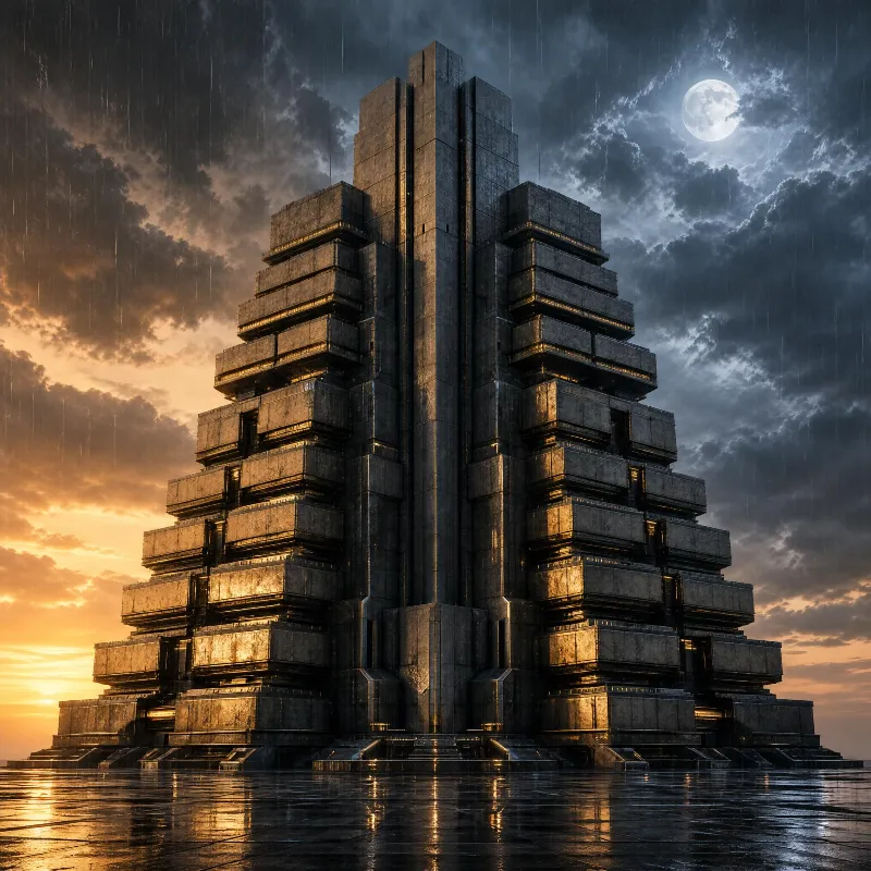 A massive concrete block tower stands in a rainstorm with the moon and sunset illuminating its textured surface and wet courtyard.