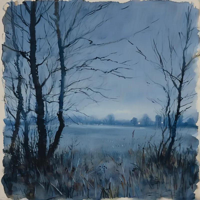 Leafless birch trees frame a frozen marsh under pale blue dusk, with faint glows on the distant horizon.