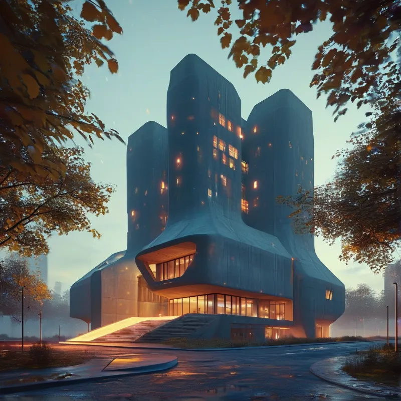 A massive dark edifice glows warmly from within while surrounded by autumn foliage and thick fog.