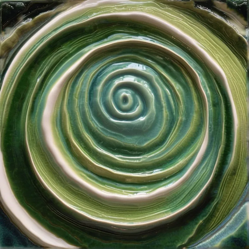 Glossy concentric bands of green and cream surround a dark center on a wet-looking glazed plane.
