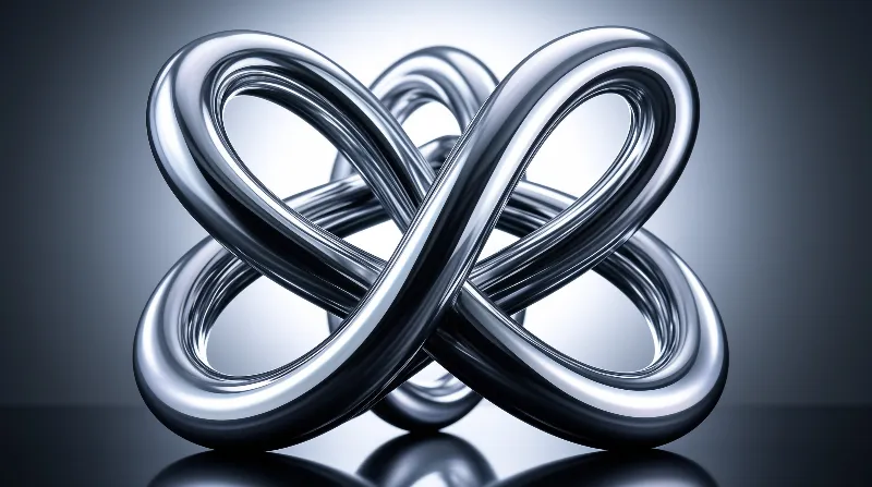 A polished silver tube twists into a complex knot resting on a glossy dark surface with bright highlights.