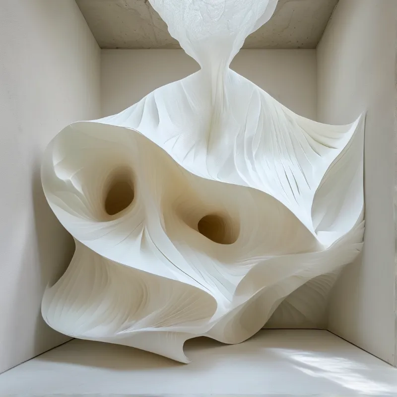 A curvilinear white abstract sculpture sits in a bare concrete alcove its twisted forms catching soft ambient light