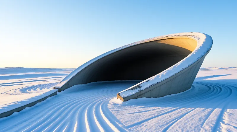 A sweeping curved concrete art installation sits on an endless wind-blown snowfield under a pale dawn sky