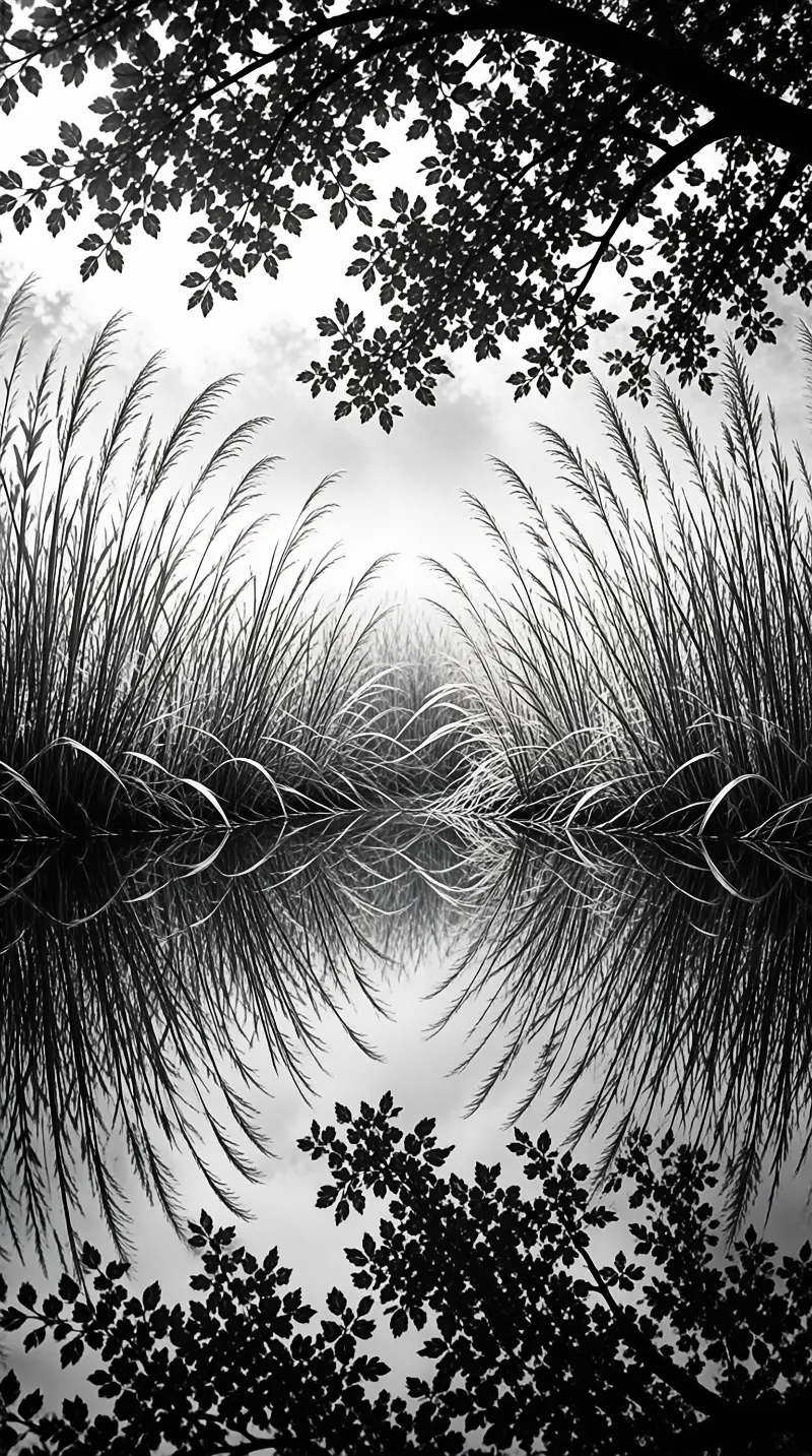 Black and white image of tall reeds curving inward with dark branches framing top and bottom edges in symmetry.