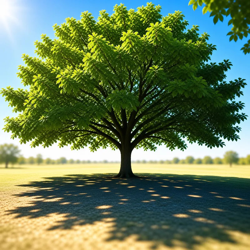 A full canopy tree spreads over golden grass while its dappled shadow stretches across the open sunlit field.